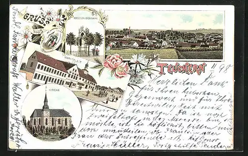 Lithographie Teuchern, Totalansicht, Krieger-Denkmal, Marktplatz, Kirche