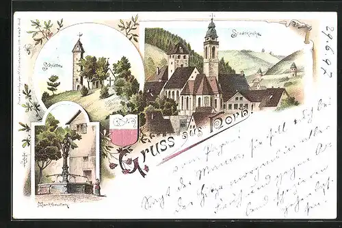 Lithographie Horb bei Freudenstadt, Teilansicht, Stadtkirche, Schütte, Marktbrunnen