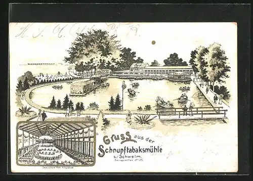 Lithographie Schwelm, Restaurant Schnupftabaksmühle, Teichpartie