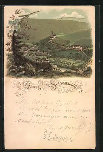 Vorläufer-Lithographie Schwarzburg /Thür. Wald, 1894, Totalansicht mit Burgberg