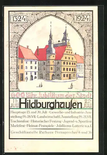 Künstler-AK Hildburghausen, Festpostkarte, 600 jähr. Jubiläum der Stadt, Rathaus