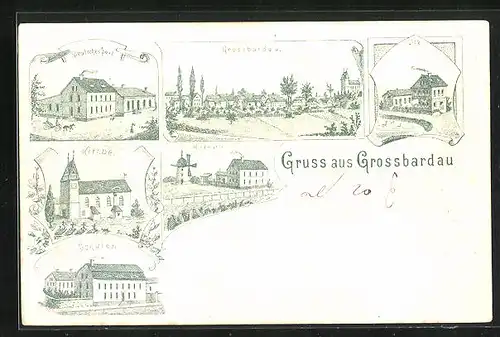 Lithographie Grossbardau, Gasthaus Deutsches Haus, Kirche, Dix, Windmühle