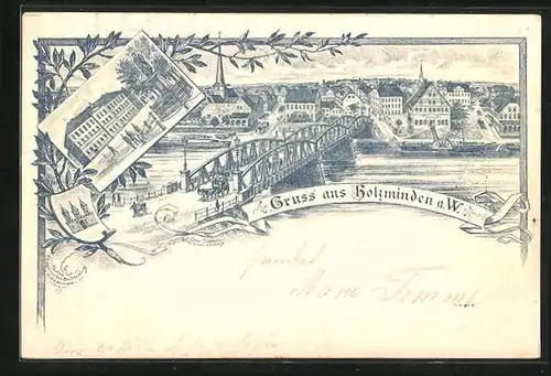 Vorläufer-Lithographie Holzminden a. W., 1895, Totalansicht mit Weserbrücke, Denkmal