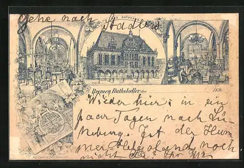 Vorläufer-Lithographie Bremen, 1895, Gasthaus Rathskeller, Rathaus