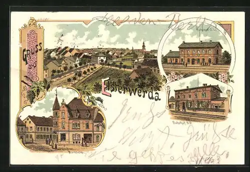 Lithographie Elsterwerda, Totalansicht, Bahnhof, Marktecke