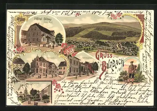 Lithographie Burbach i. W., Hotel Diltey, Jägerstrasse, Totalansicht, Marktplatz