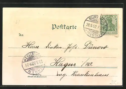 Lithographie Burbach i. W., Hotel Diltey, Jägerstrasse, Totalansicht, Marktplatz