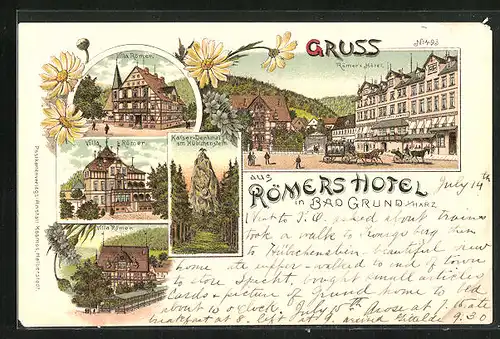 Lithographie Bad Grund i. Harz, Römer`s Hôtel, Villa Römer, Kaiser-Denkmal am Hübichenstein