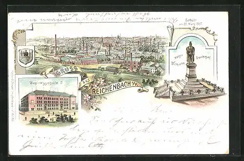 Lithographie Reichenbach i /V., Teilansicht, Kaiser Wilhelm Denkmal enthüllt 1897, Bezirksschule
