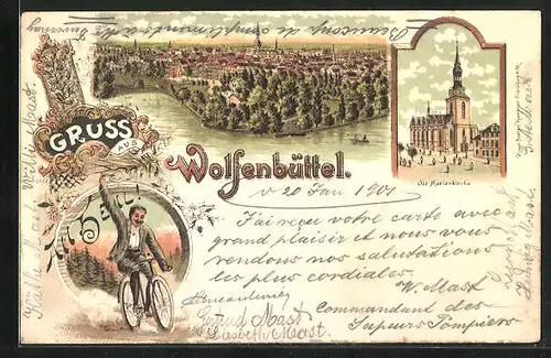 Lithographie Wolfenbüttel, Teilansicht, Die Marienkirche, Radfahrer
