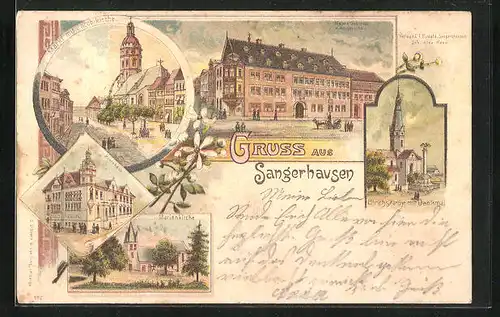 Lithographie Sangerhausen, Markt mit Jacobikirche, Kreishaus, Marienkirche