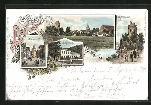 Lithographie Lüchow, Gasthof Schützenhaus, Schlossturm, Kirchstrasse