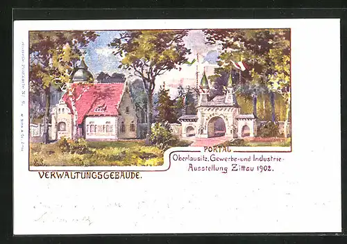 Künstler-AK Zittau /Oberlausitz, Gewerbe- und Industrie-Ausstellung 1902, Verwaltungsgebäude, Portal