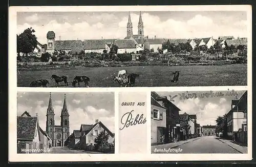 AK Biblis, Bahnhofstrasse mit Lebensmittelgeschäft, Wormser Strasse mit Kirche, Ortspartie mit Pferden