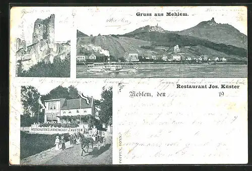 AK Mehlem, Restaurant zur Rheinlust, Ruine, Uferpartie mit Dampfer