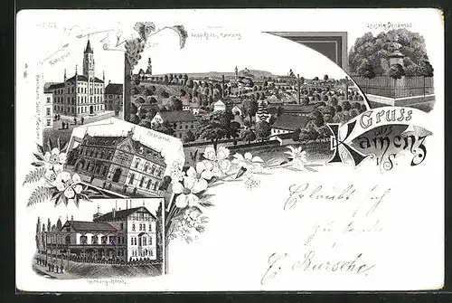 Lithographie Kamenz i. S., Hutberg-Hôtel, Postamt, Rathaus