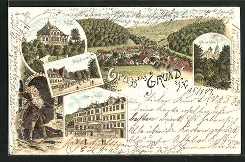 Lithographie Bad Grund, Römers Hotel, Haus Neuner, Römers Villa