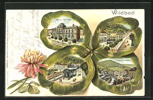Klapp-Passepartout-Lithographie Wildbad, König Karl-Bad, Trinkhalle, Kurplatz, Kleeblatt