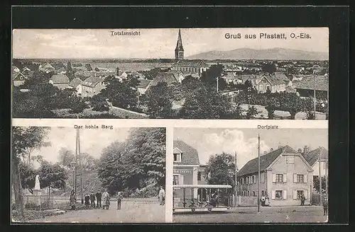 AK Pfastatt, Dorfplatz mit Bäckerei, Der hohle Berg, Totalansicht