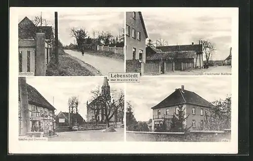 AK Lebenstedt ü. Braunschweig, Fleischerei Kallbrei, Dorfstrasse, Kirche mit Denkmal