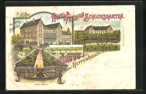 Lithographie Herrenhausen, Hotel & Pension Schlossgarten mit Strassenbahn