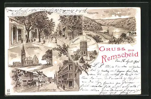 Lithographie Remscheid, Bismarckstrasse, Wasserturm, Talsperre