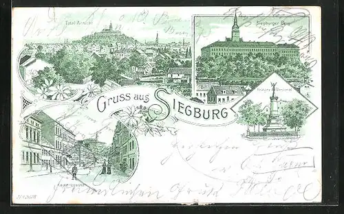 Lithographie Siegburg, Kaiserstrasse, Siegburger Berg, Totalansicht