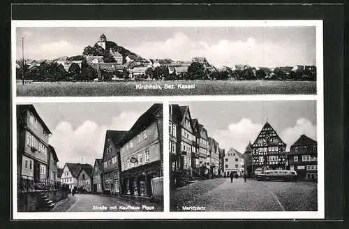 AK Kirchhain, Strassenpartie mit Kaufhaus Figge, Marktplatz, Panorama