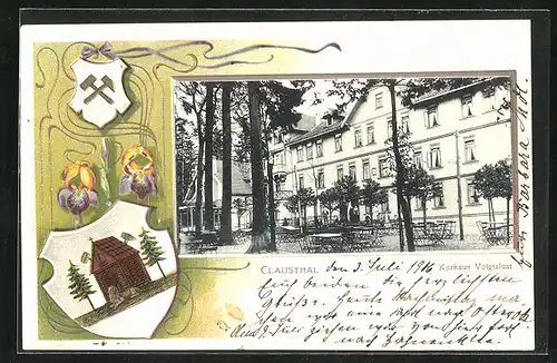 Passepartout-Lithographie Clausthal, Kurhotel Voigtslust, Wappen