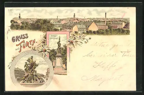 Lithographie Fürth, Kunstbrunnen, Kriegerdenkmal, Panorama