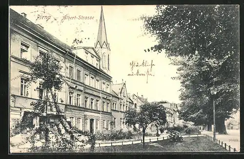 AK Pirna, Albert-Strasse mit Grünanlage