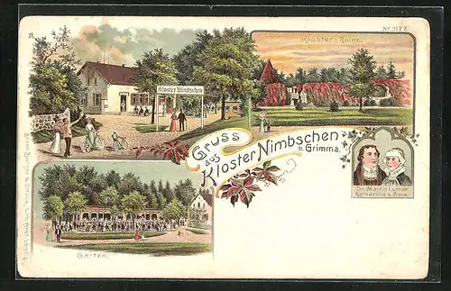 Lithographie Grimma, Gasthaus Kloster Nimbschen, Kloster-Ruine