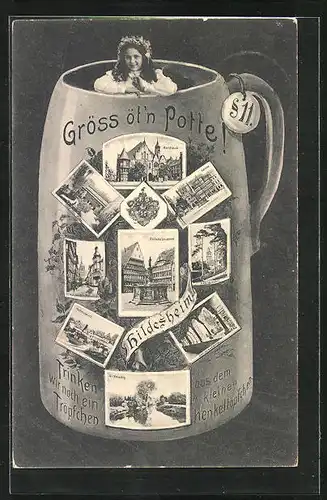 Grusskarten-AK Hildesheim, Rathaus, Rolandbrunnen, Andreasplatz, Bierkrug