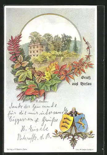 Passepartout-Lithographie Hirsau, Klosterruine von Herbstlaub gerahmt, Wappen