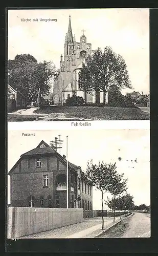 AK Fehrbellin, Kirche mit Umgebung, Postamt