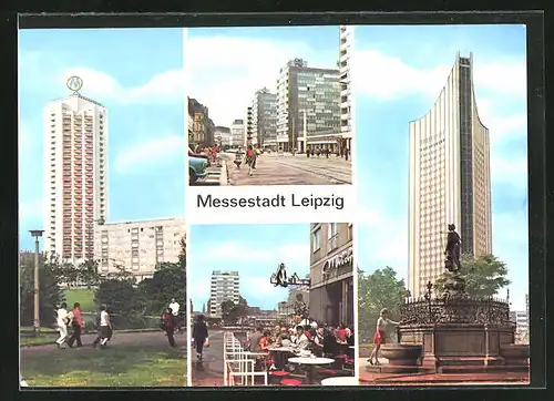AK Leipzig, Wohnhochhaus an der Wintergartenstrasse, Neubauten am Brühl, Milchbar Katharinenstrasse, Karl-Marx-Universität