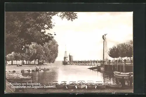 AK Konstanz am Bodensee, Gondelhafen mit Zeppelin-Denkmal