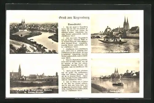 AK Regensburg, Gesamtansicht, Steinerne Brücke mit Donau-Strudel, Blick von oberen Wöhrd, Donaupartie