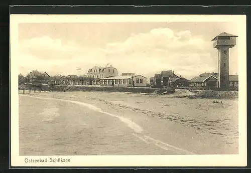 AK Ostseebad Schilksee, Blick von der Ostsee zum Ort