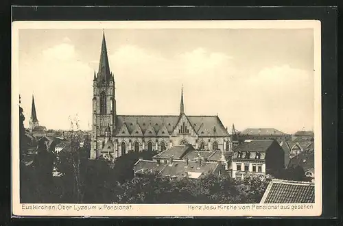 AK Euskirchen, Ober Lyzeum und Pensionat, Herz Jesu-Kirche vom Pensionat aus gesehen