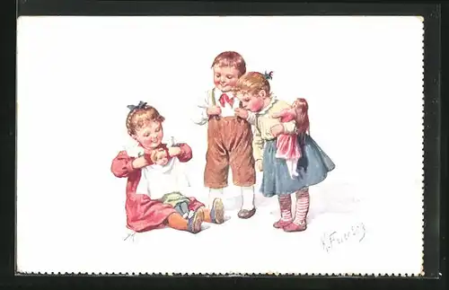 Künstler-AK Karl Feiertag: Kinder mit Puppen beim Spiel