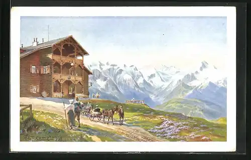 Künstler-AK Edward Theodore Compton: Das Hotel mit dem Blick auf die Glocknergruppe von der Schmittenhöhe