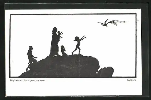 Künstler-AK Diefenbach: Schattenbild Per aspera ad astra, Mutter und Kinder betrachten Vogel
