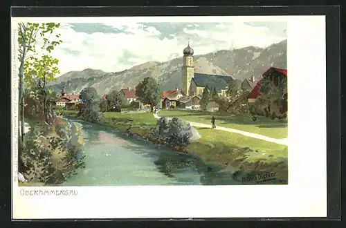 Künstler-AK Zeno Diemer: Oberammergau, Ortsansicht mit Kirche