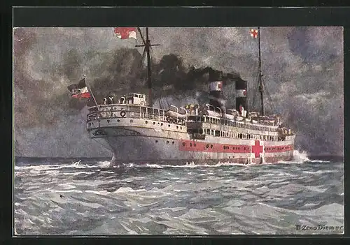 Künstler-AK Zeno Diemer: Lazarettschiff vom Roten Kreuz auf hoher See
