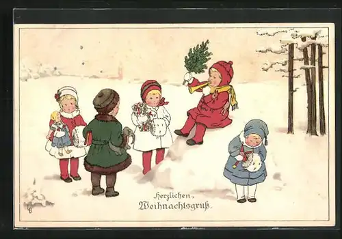 Künstler-AK Lia Döring: Kinder im Schnee mit Weihnachtsgrüssen