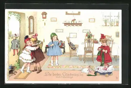 Künstler-AK Lia Döring: Mädchen bei der Gratulation zum Geburtstag