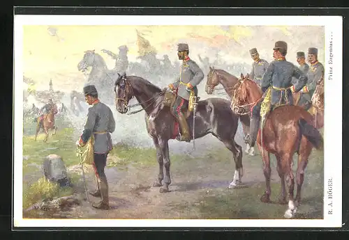 Künstler-AK Rudolf Alfred Höger: Prinz Eugenius in Uniform zu Pferde bei den Soldaten