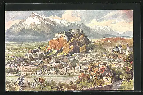 Künstler-AK Edward Harrison Compton: Salzburg, Gesamtansicht gegen den Untersberg