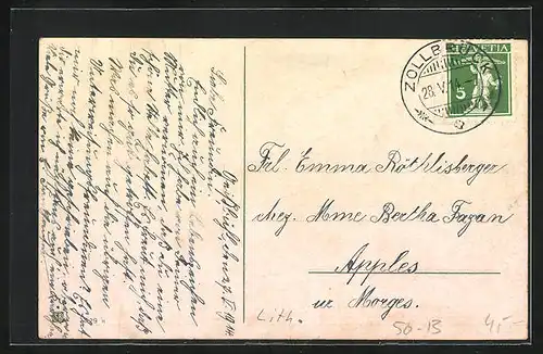 Lithographie Tauben mit Vergissmeinnicht in einer Schachtel